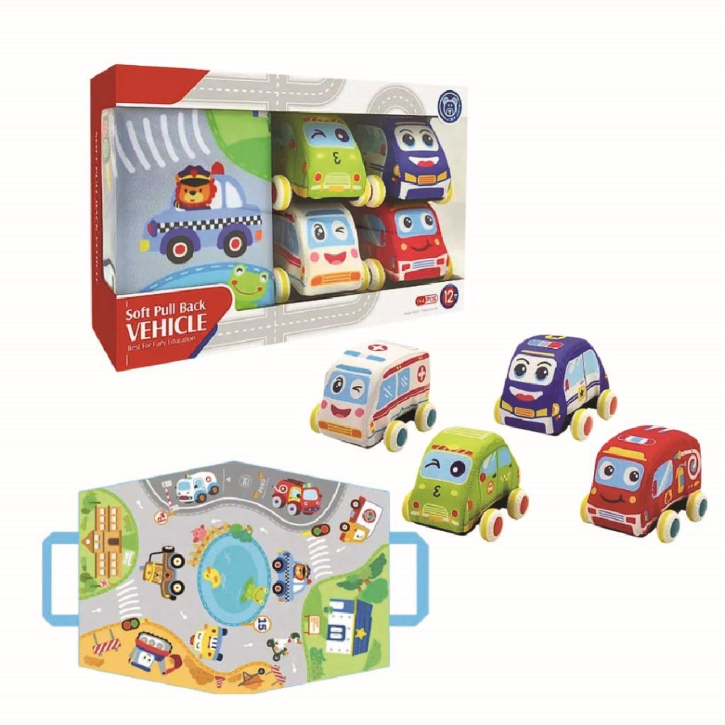 Soft Pull Back Cartoon Vehicle Set with Play Mat
